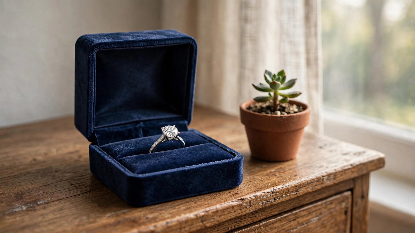 Open velvet jewelry box with a diamond ring on a dresser, illustrating a scheduled jewelry rider add-on.