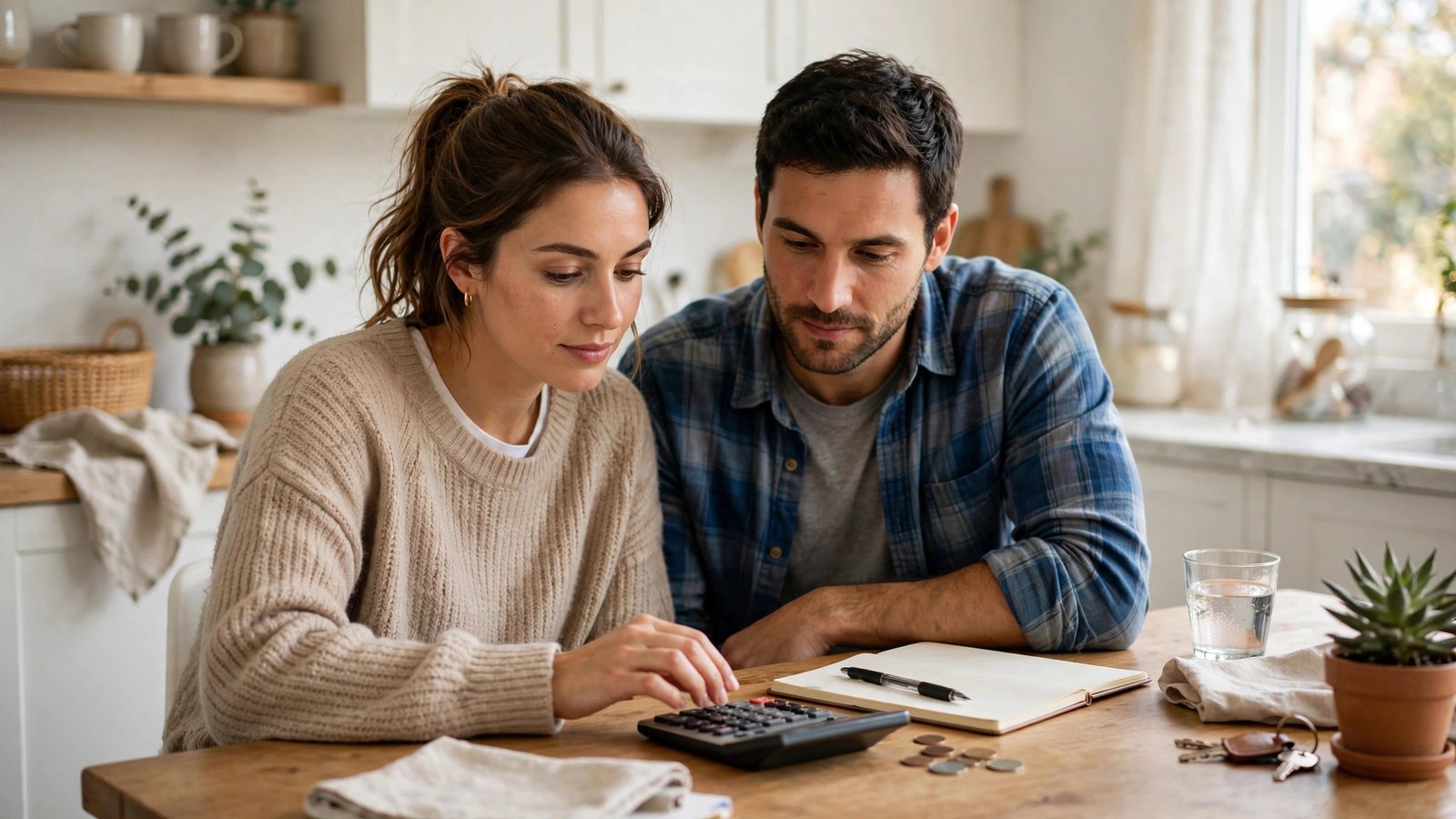 Young couple reviewing finances with a notebook and calculator at a kitchen table