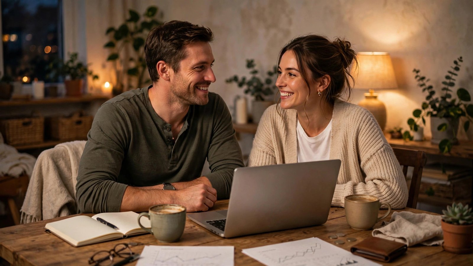 Couple reviewing finances together over coffee at their dining table in warm evening light