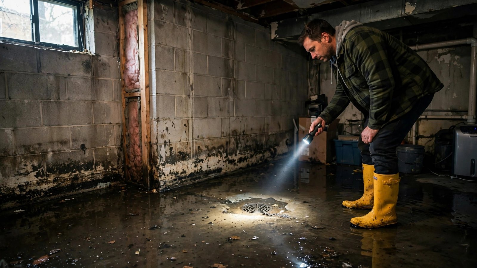 Homeowner in rubber boots inspecting a flooded basement with a flashlight.