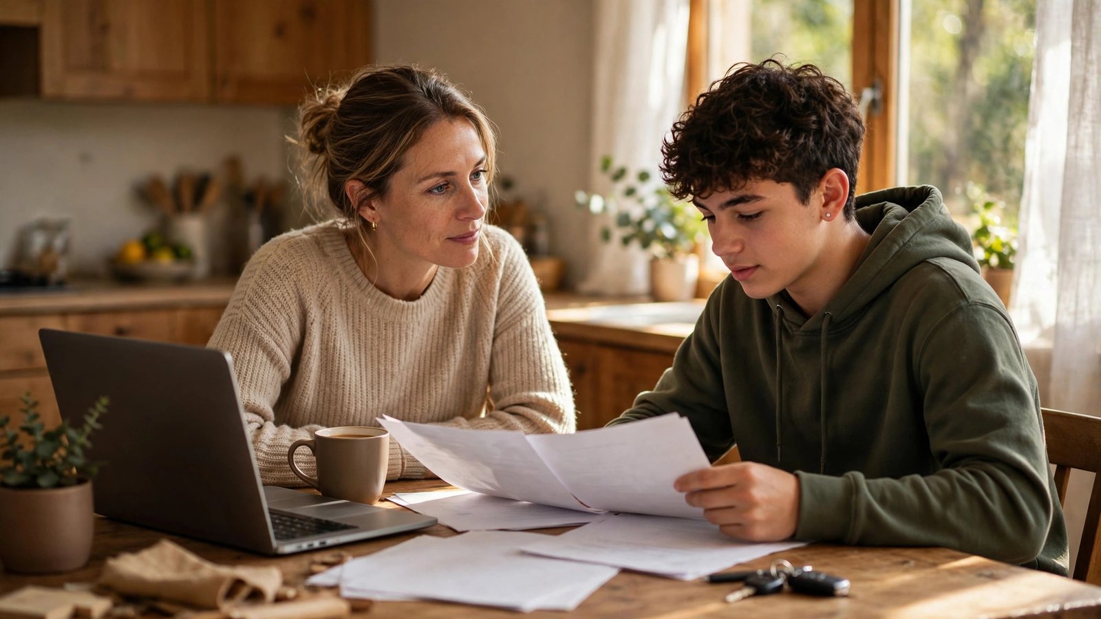 A parent and teen driver reviewing car insurance paperwork together at a kitchen table in daylight.