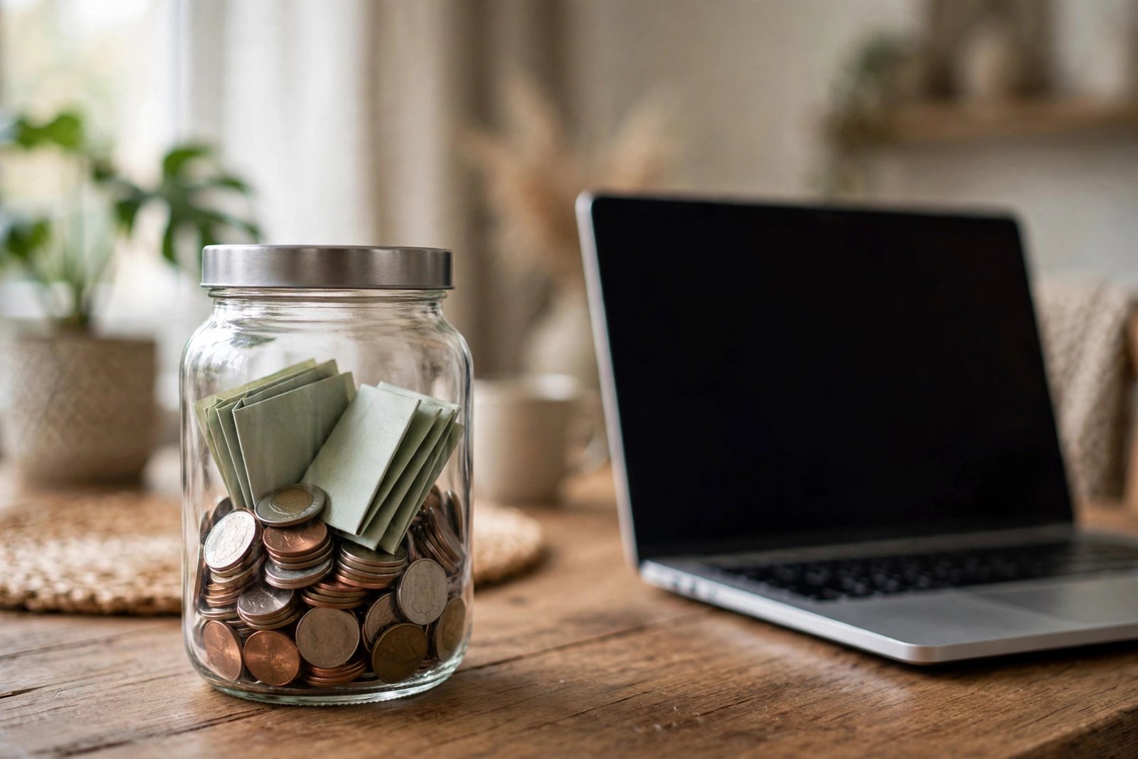 Glass savings jar with coins and bills on a wooden desk beside a laptop