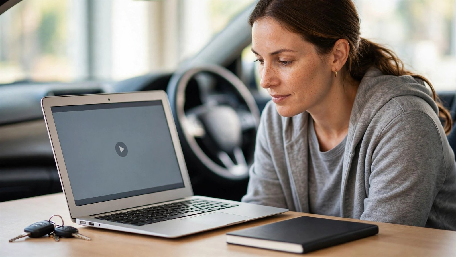 Driver studying an online defensive driving course on a laptop at a desk with car keys nearby.