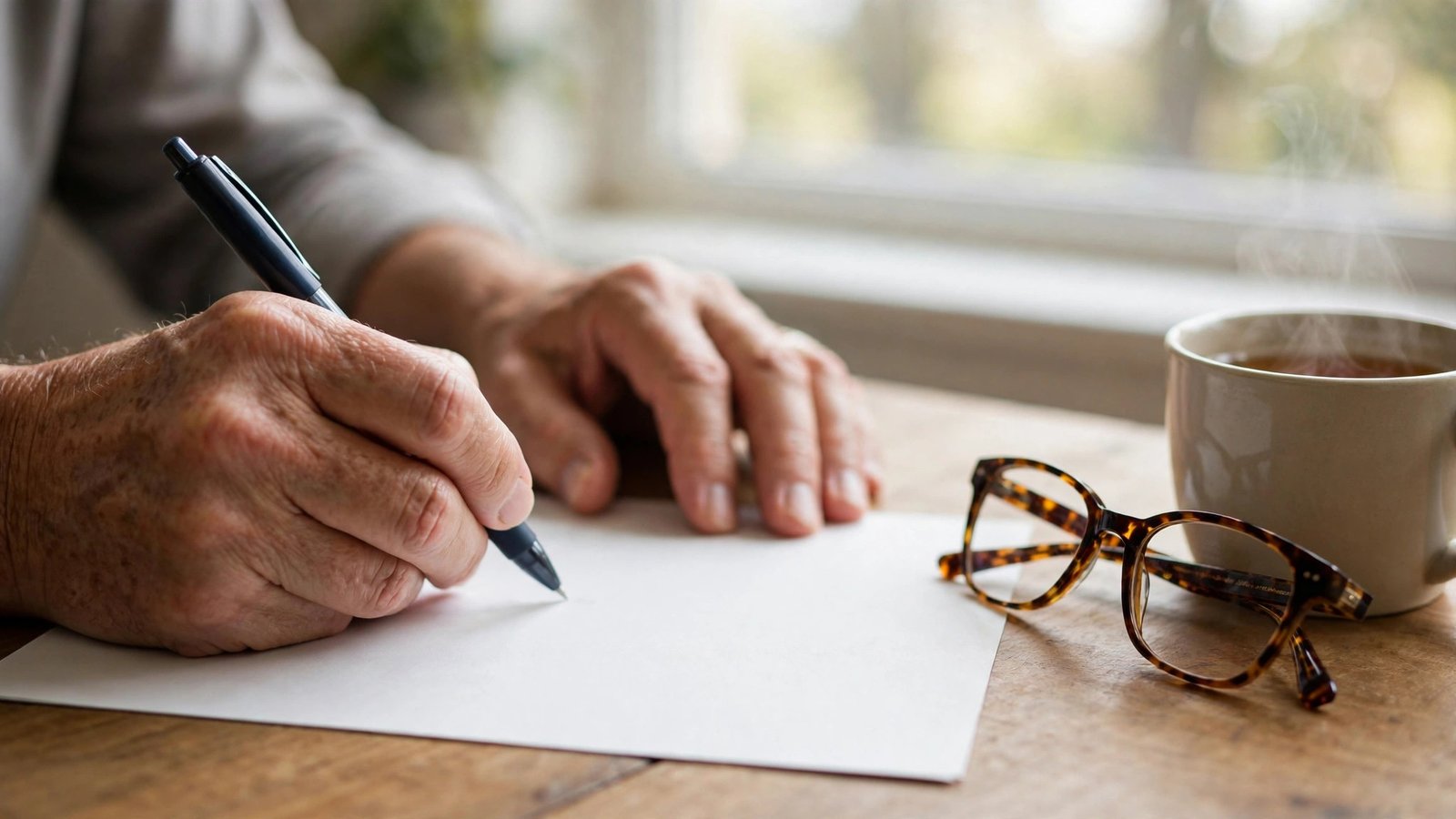 Close-up of hands filling out an insurance application form with a pen at a tidy desk