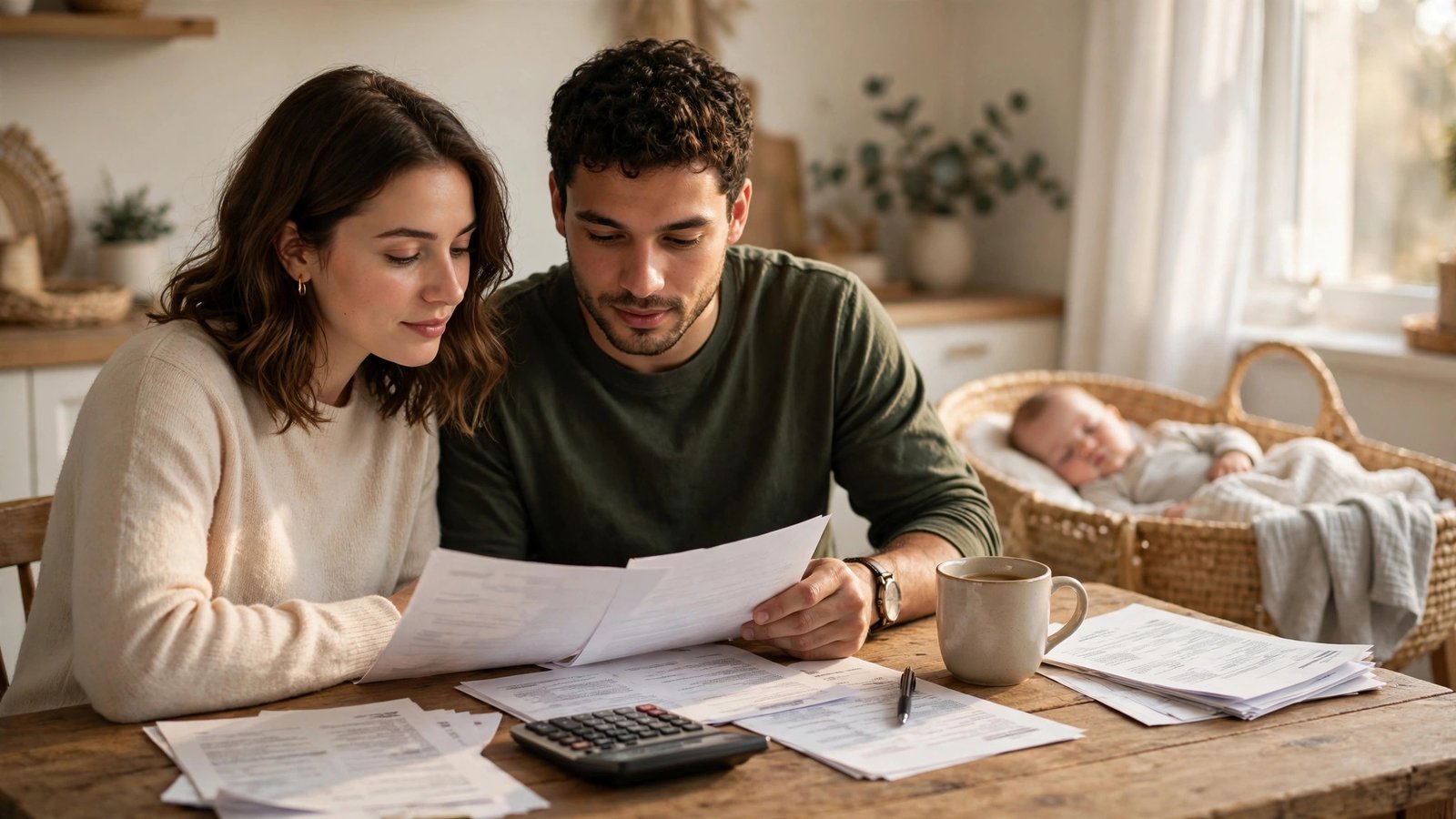 Young couple reviewing insurance paperwork together at a kitchen table with a sleeping baby nearby