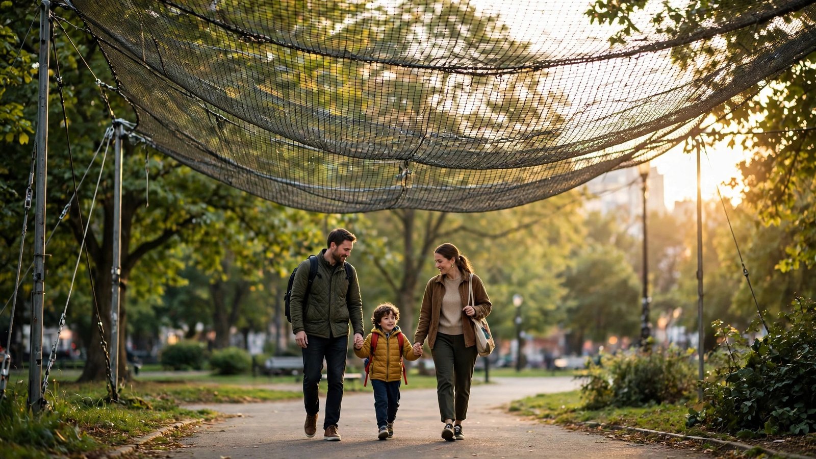 A large safety net stretched protectively above a family of three walking in a sunlit park.