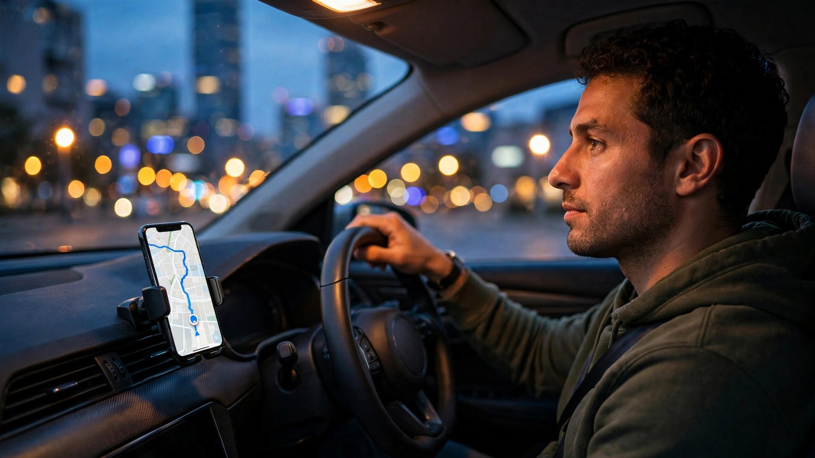 Rideshare driver in a car at dusk with a ride-hailing app glowing on a dashboard-mounted phone