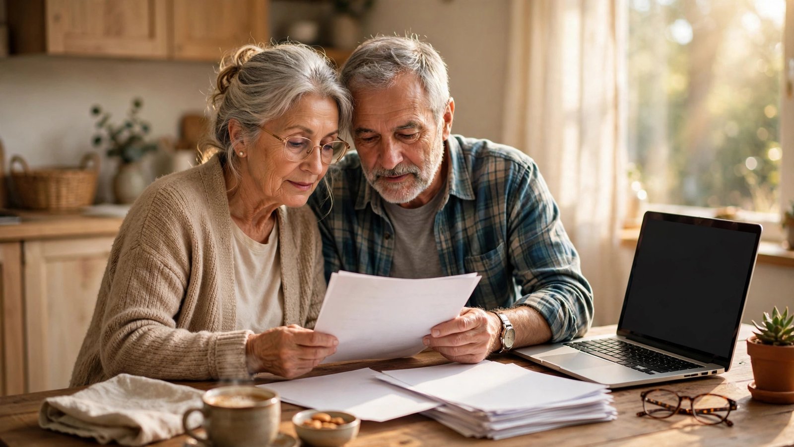 Retired couple reviewing health insurance paperwork together at their kitchen table in morning light.