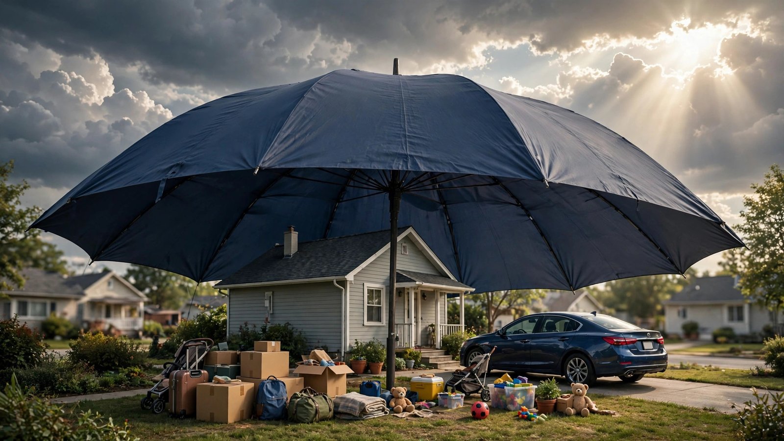 A large umbrella sheltering a house, car and belongings beneath it under a breaking sky