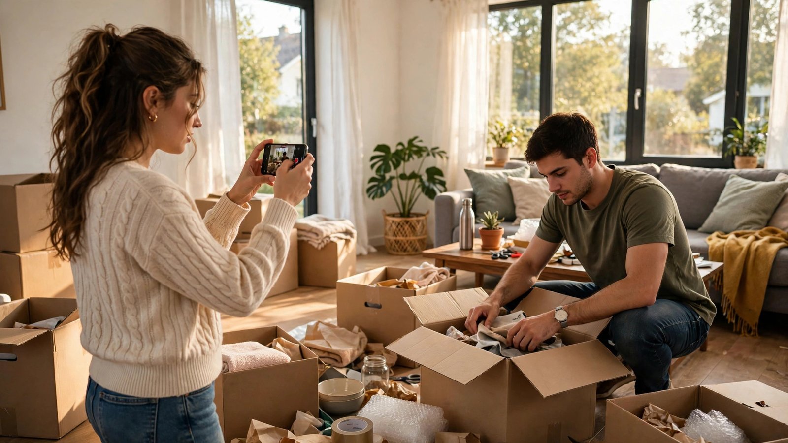 Young couple unpacking moving boxes in the bright living room of their new home