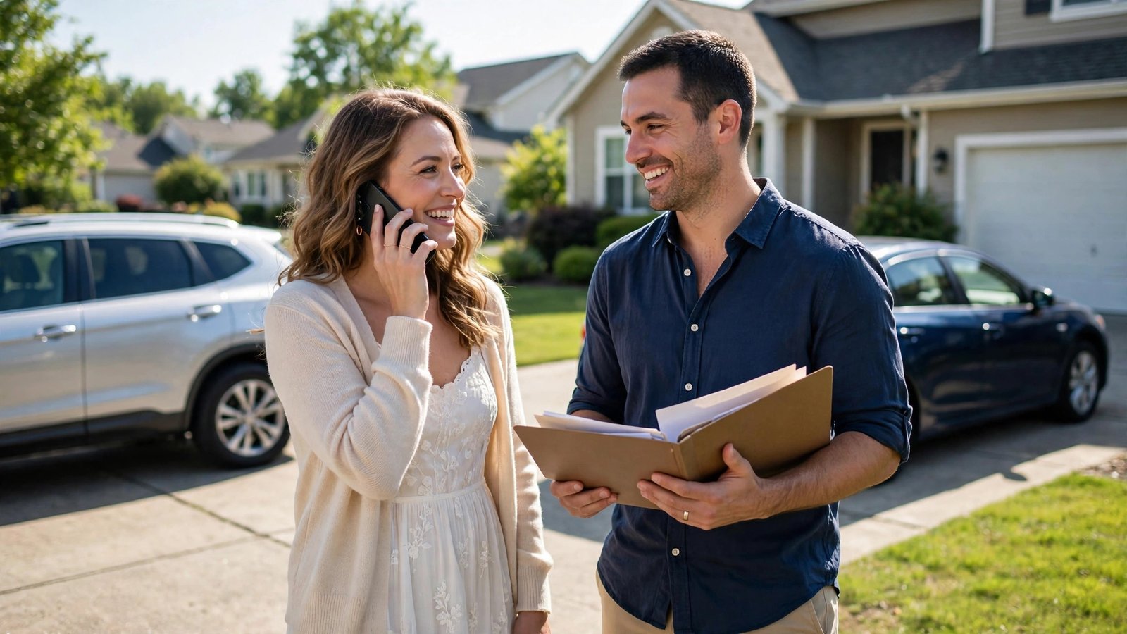 Newly married couple reviewing car insurance documents together in their sunny driveway beside two cars