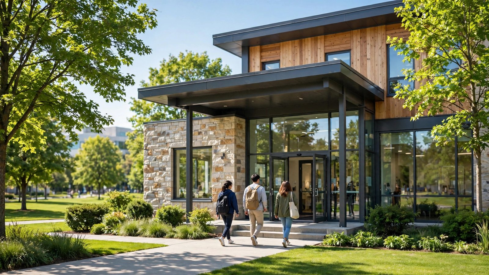 Students walking toward the entrance of a modern university campus health center on a sunny day.