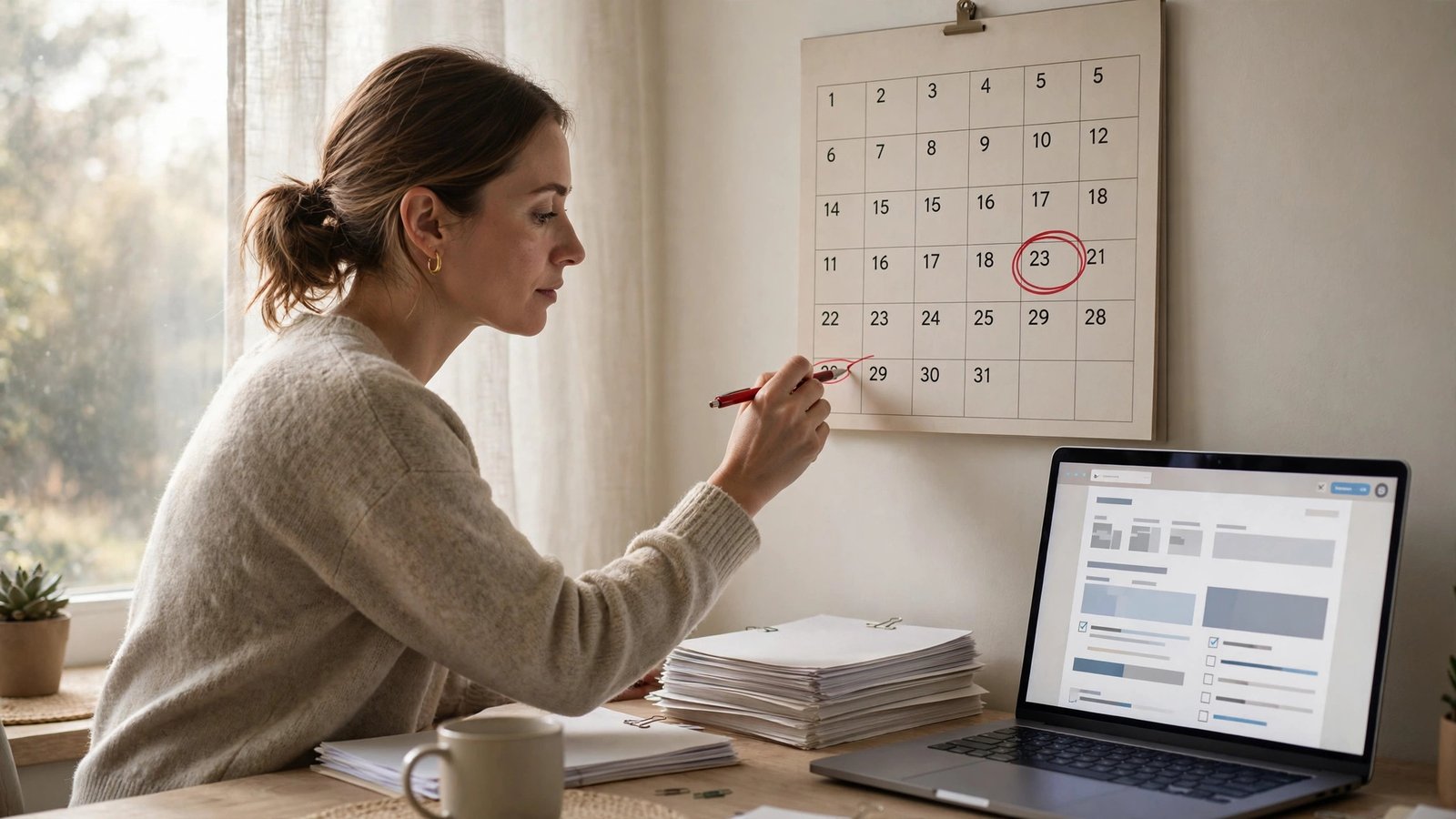 Woman circling a deadline date on a wall calendar at a desk with a laptop and enrollment paperwork