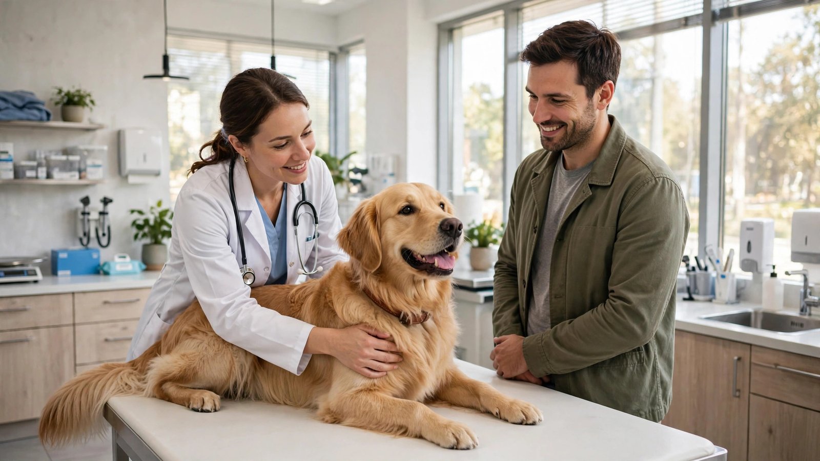 A veterinarian examining a golden retriever on a clinic table while its owner looks on.
