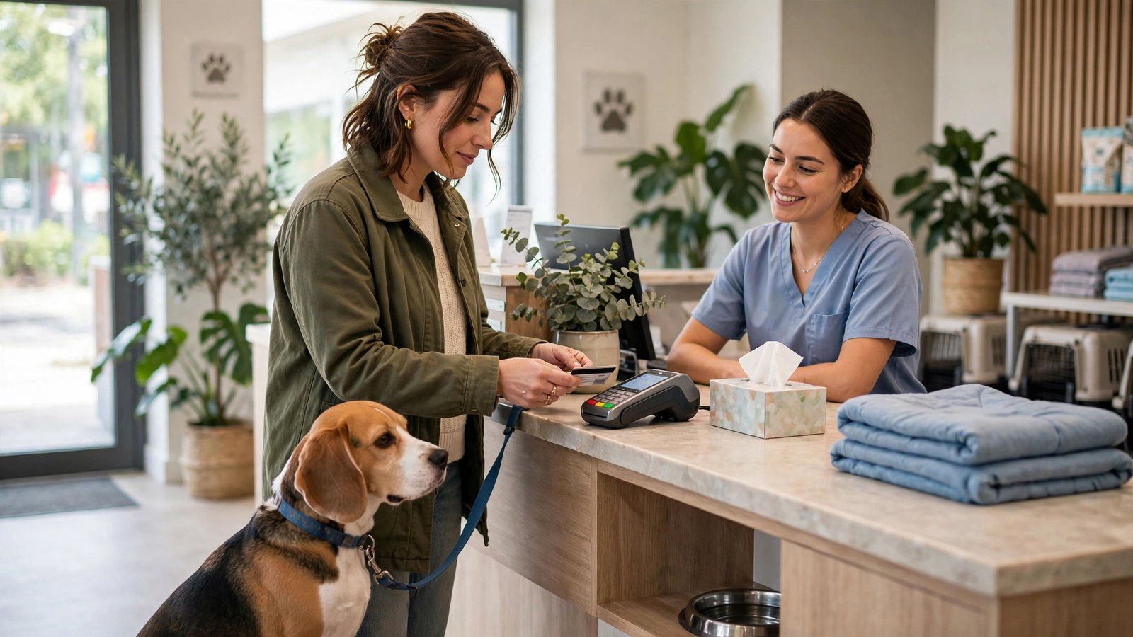A woman paying at a veterinary clinic reception counter with her leashed dog beside her.