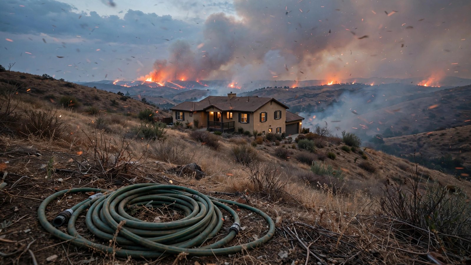 House on a dry hillside with a distant wildfire glowing on the horizon at dusk.