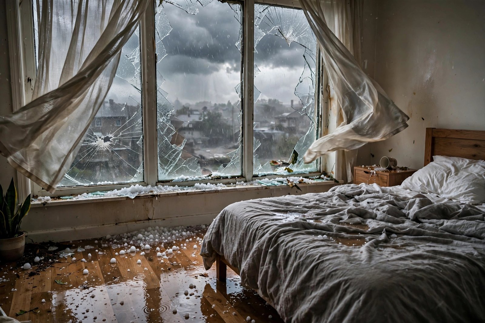 Apartment bedroom with a hail-shattered window, rain-soaked curtains, and water pooling on the wooden floor