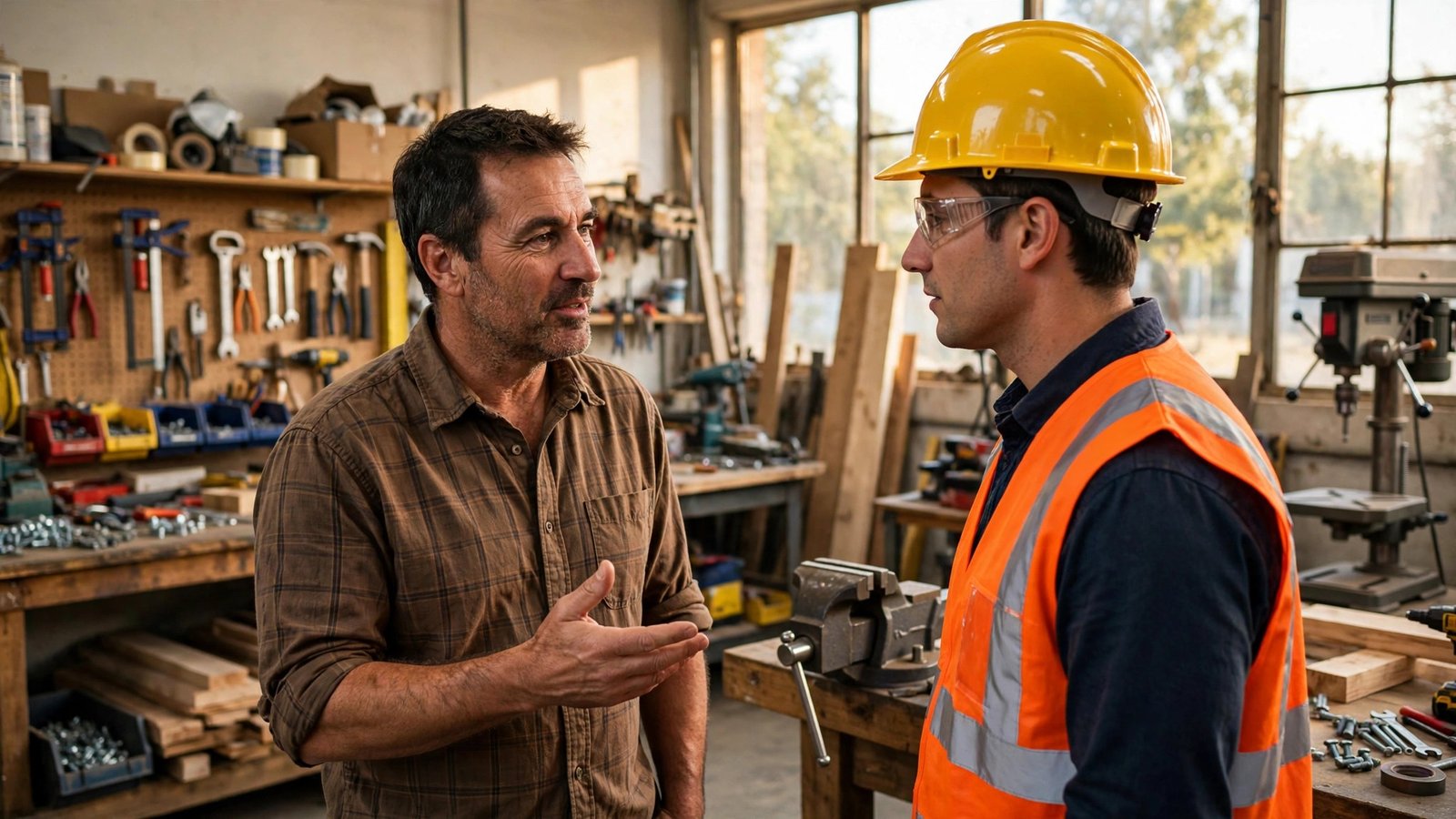 Small business owner speaking with an employee in safety gear inside a workshop.