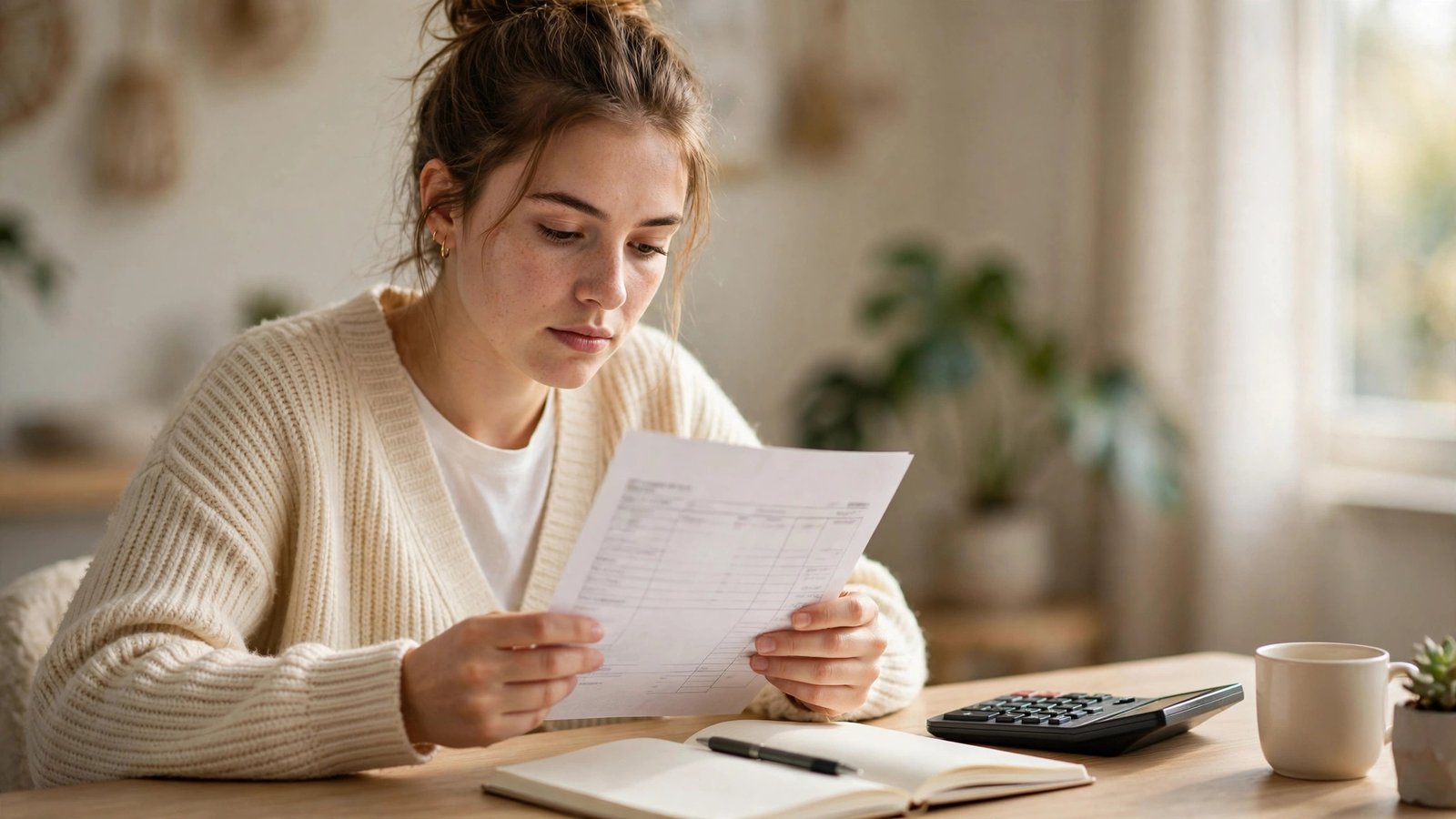 Young professional reviewing a printed pay stub with a calculator and notebook at a home desk.