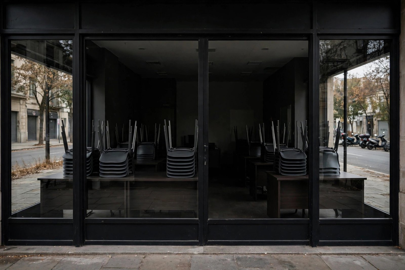 Darkened shuttered travel agency storefront with empty desks visible through the windows.